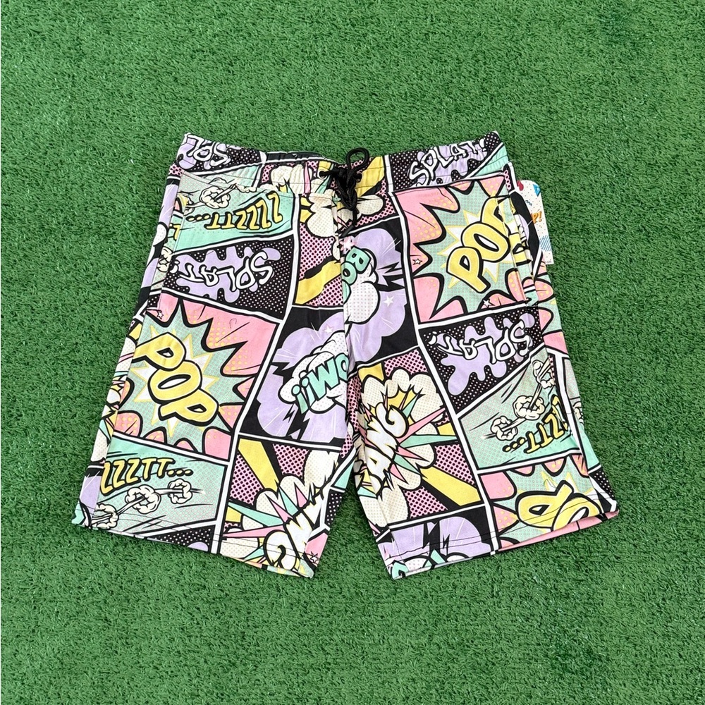 Men's Athletic Comic-Print Swim/Board Shorts - Pastel Multicolor